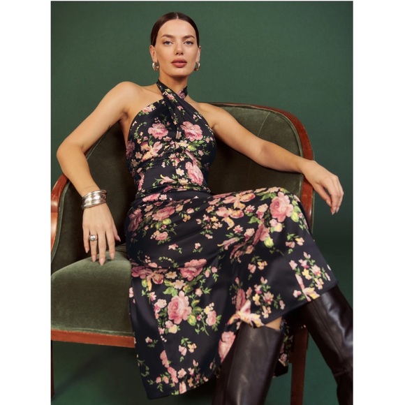 Reformation 4 Maddison Silk Halter Midi Dress Polina Black Floral - Picture 3 of 13